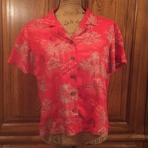 Caribbean Joe Red & Tan Island Print Shirt Size M